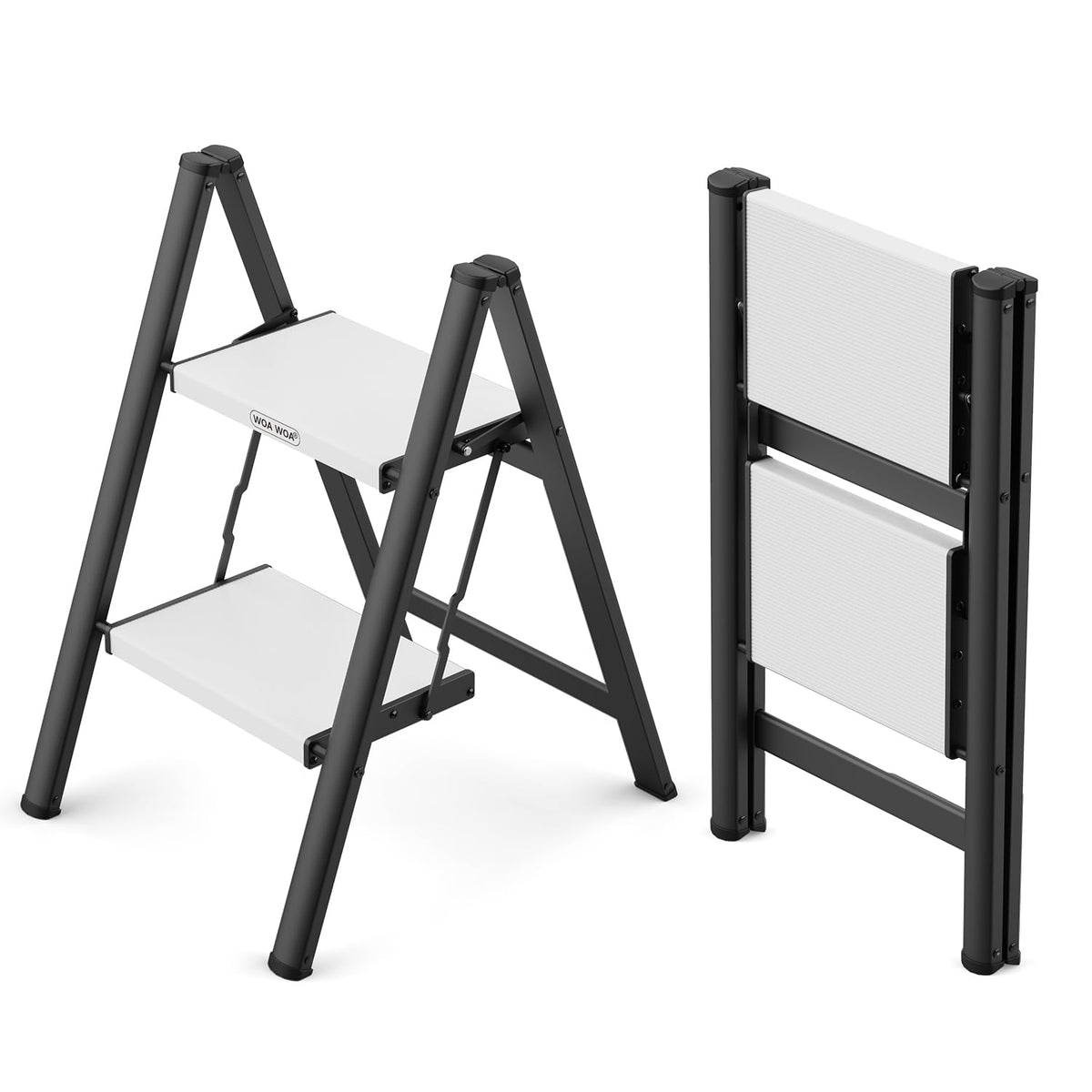 2 Step Ladder, Foldable Step Stool, 300lbs Load, Black & White F6815