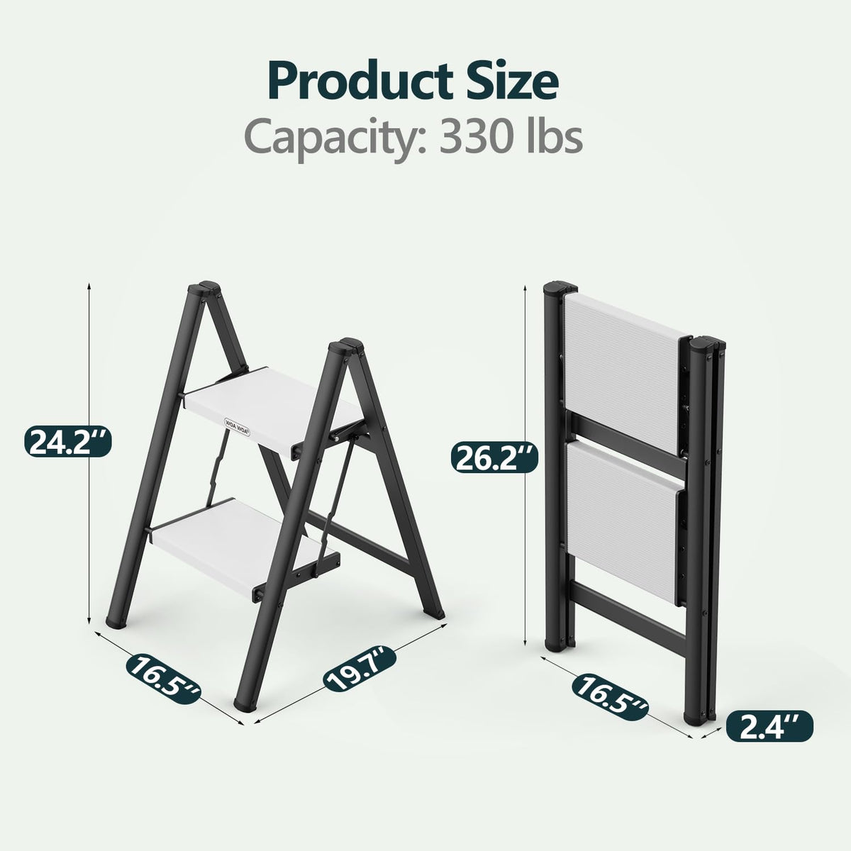 2 Step Ladder, Foldable Step Stool, 300lbs Load, Black & White F6815