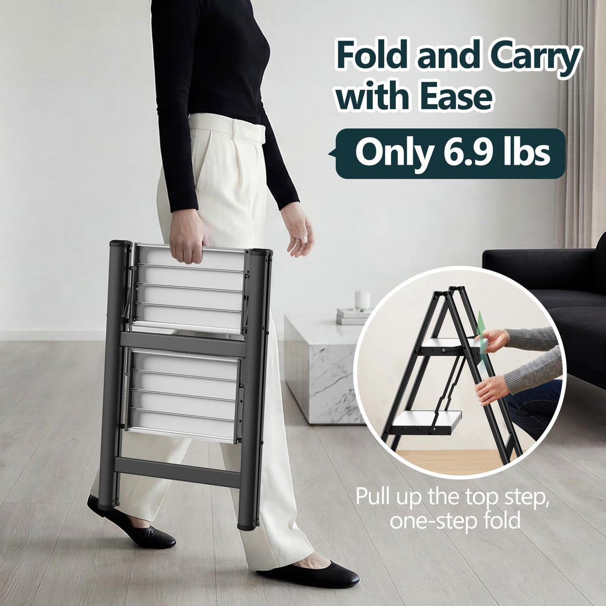 2 Step Ladder, Foldable Step Stool, 300lbs Load, Black & White F6815