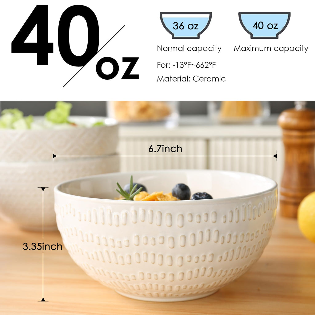 40 OZ Ceramic Bowls Set of 4, 6.7 Inch White T408626