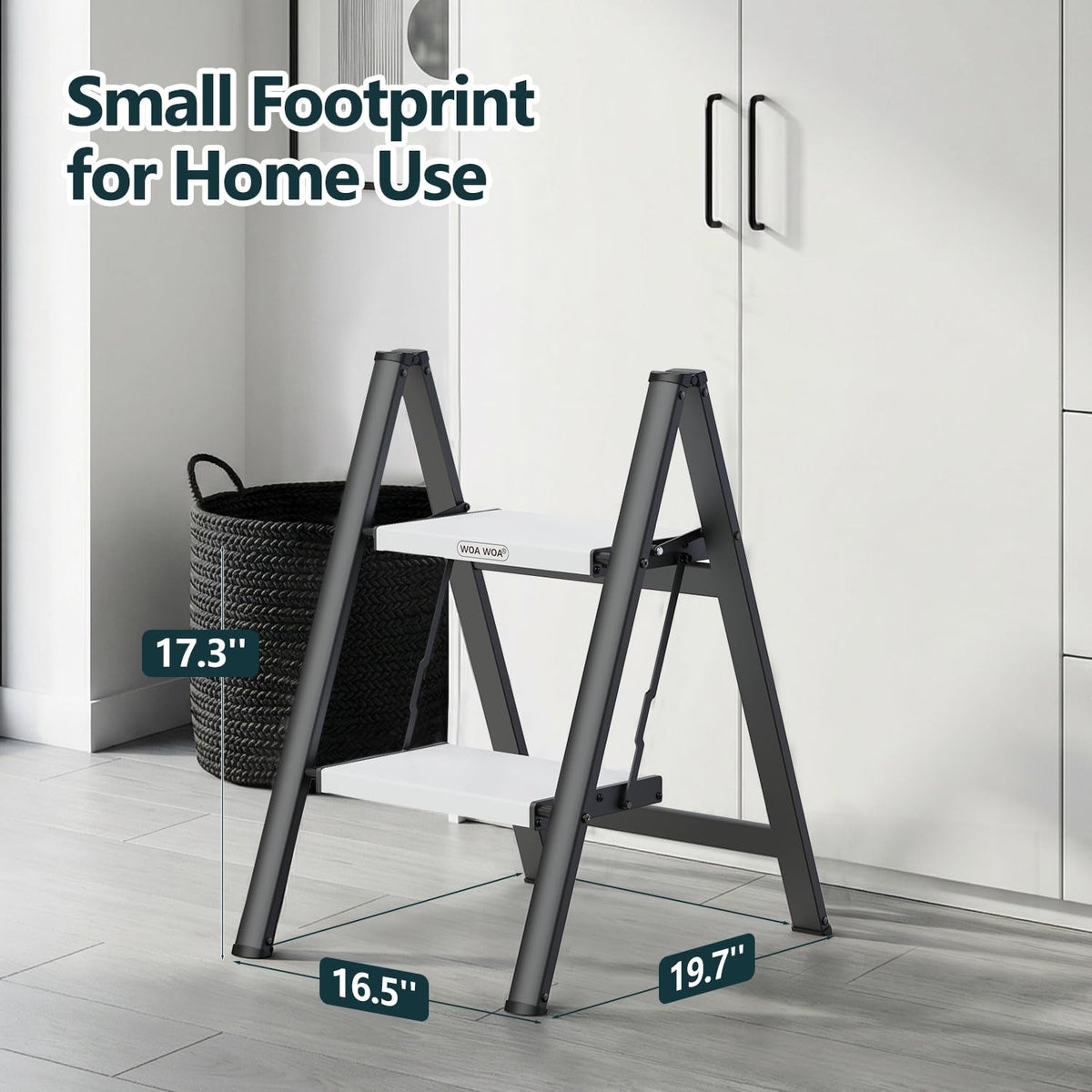 2 Step Ladder, Foldable Step Stool, 300lbs Load, Black & White F6815