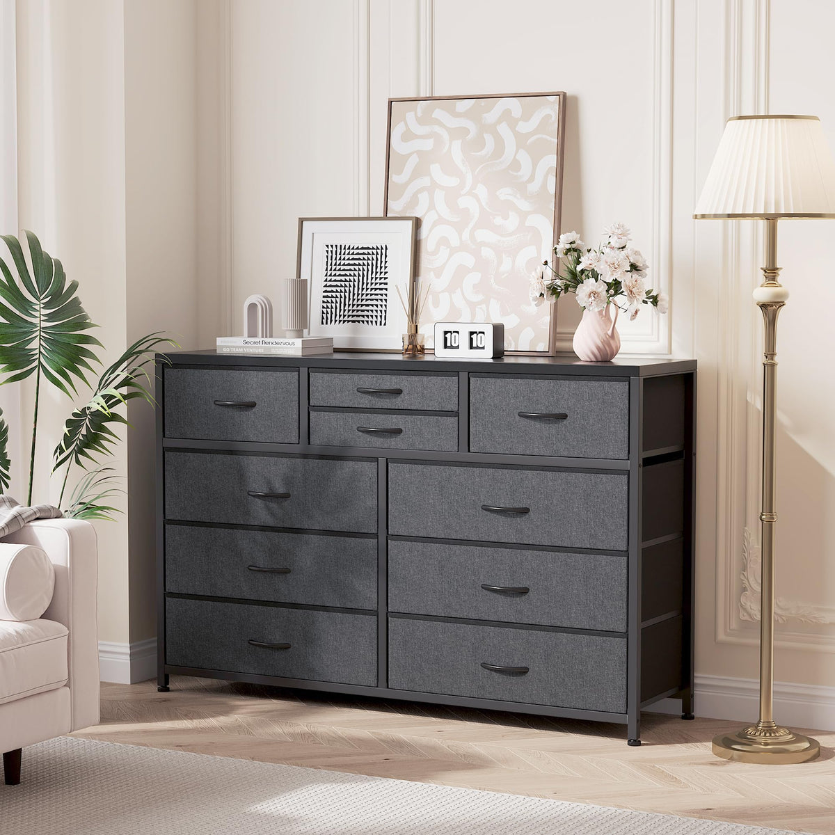 10 Drawer Fabric Dresser with Wood Top I41148
