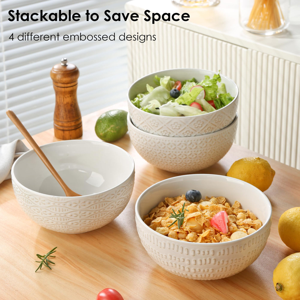 40 OZ Ceramic Bowls Set of 4, 6.7 Inch White T408626