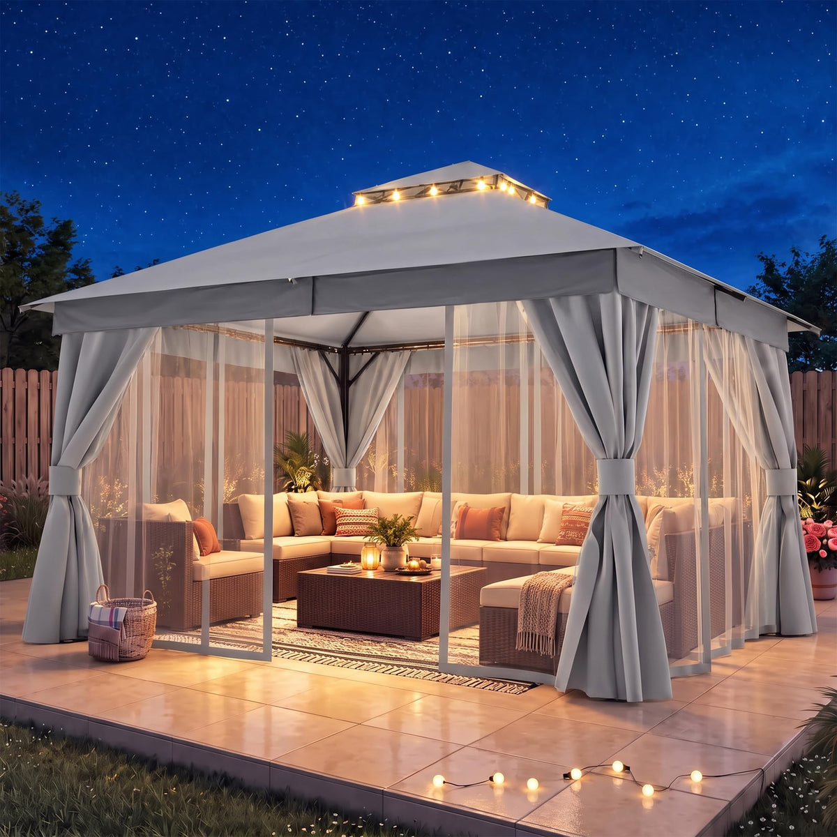 12x12 Gazebo Canopy with Netting, Curtains & Double Roof L94149