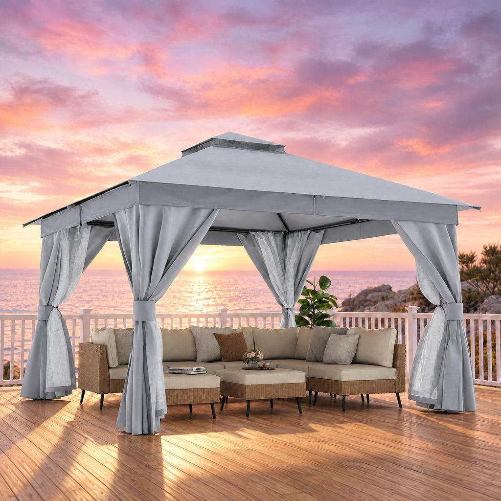12x12 Gazebo Canopy with Netting, Curtains & Double Roof L94149