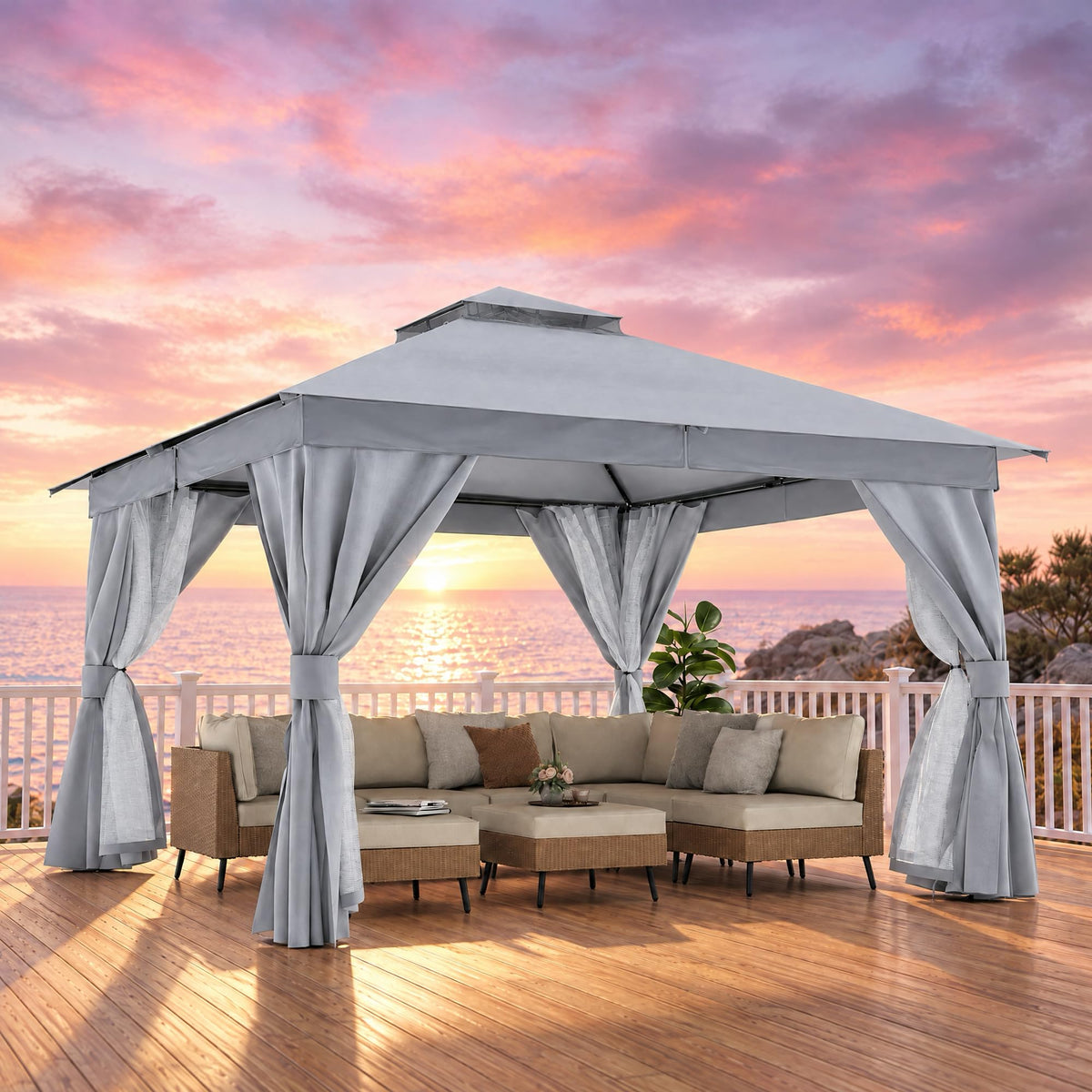 12x12 Gazebo Canopy with Netting, Curtains & Double Roof L94149