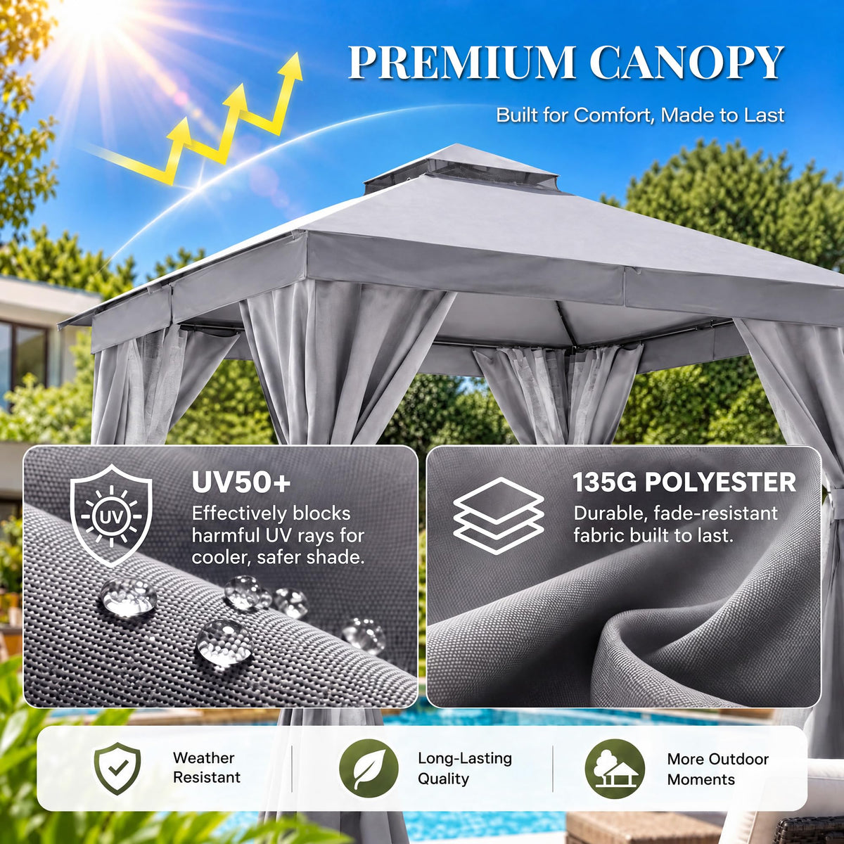 12x12 Gazebo Canopy with Netting, Curtains & Double Roof L94149