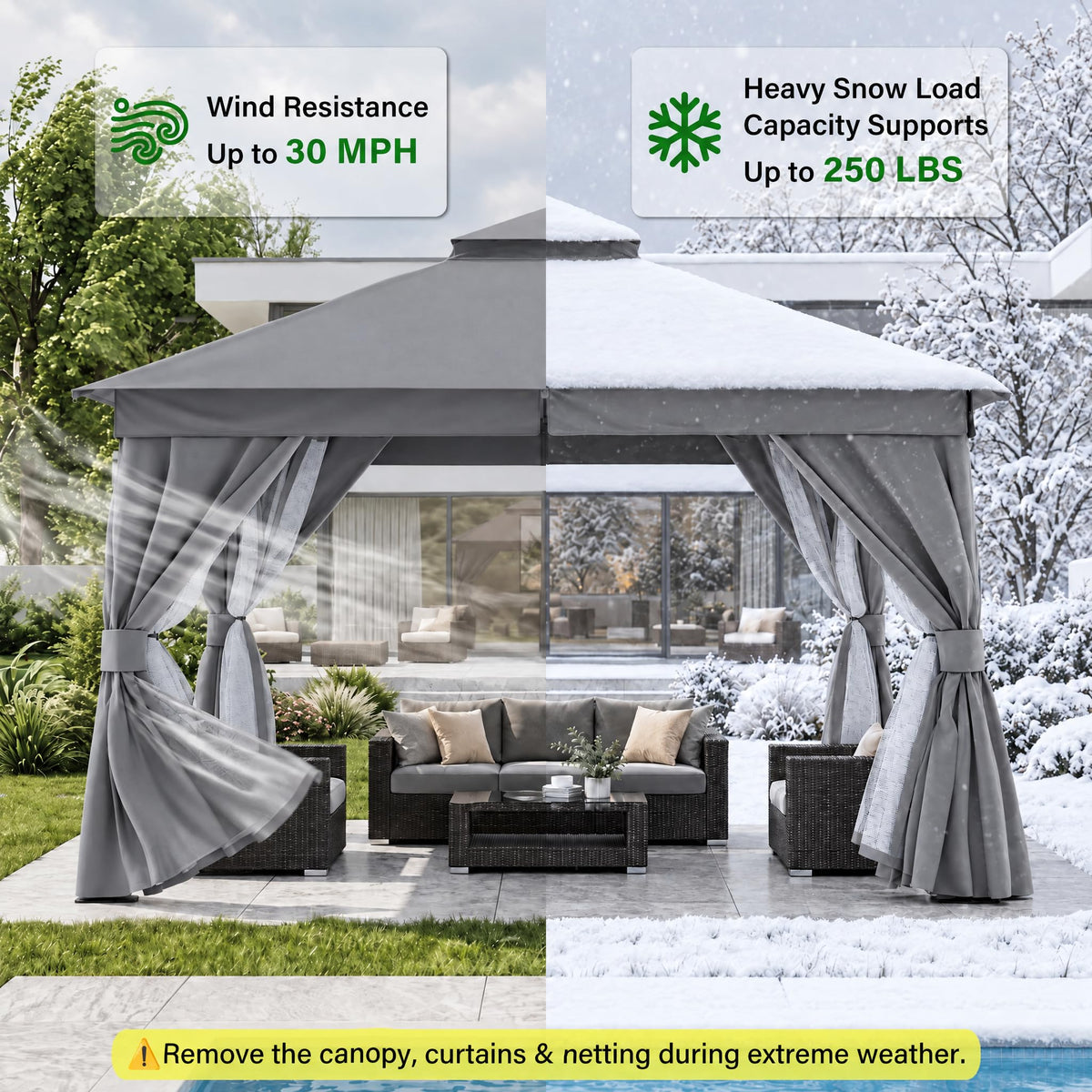 12x12 Gazebo Canopy with Netting, Curtains & Double Roof L94149