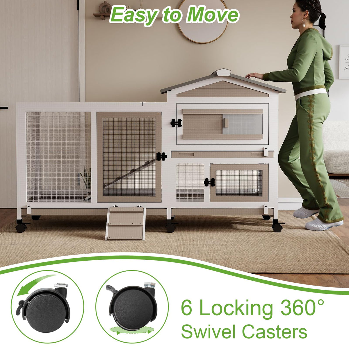 2 Story Wooden Rabbit Hutch with 6 Lockable Wheels O9920