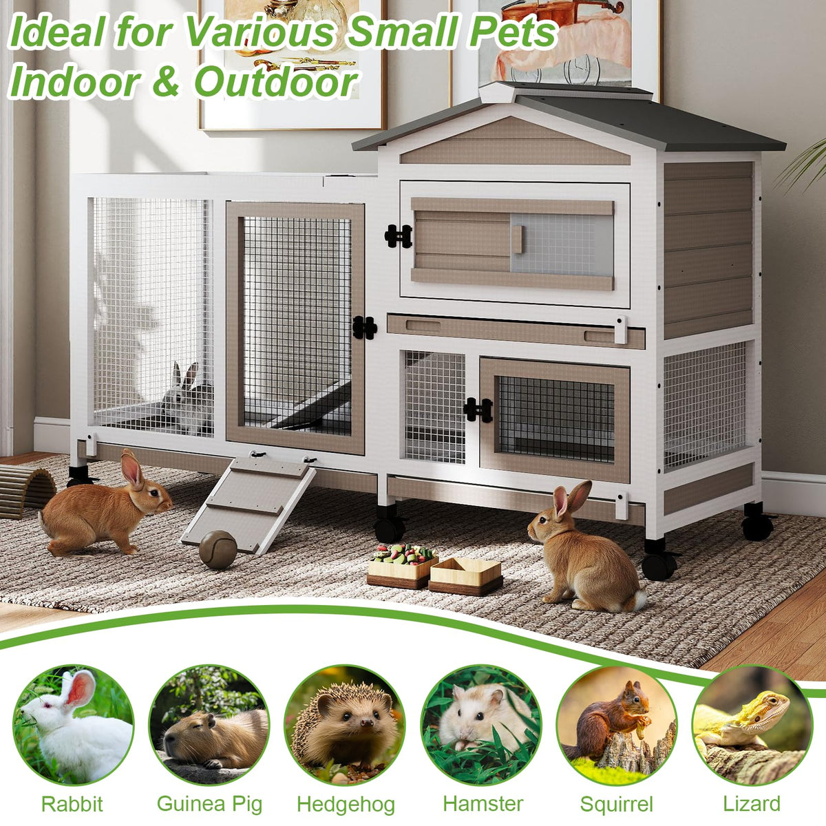 2 Story Wooden Rabbit Hutch with 6 Lockable Wheels O9920