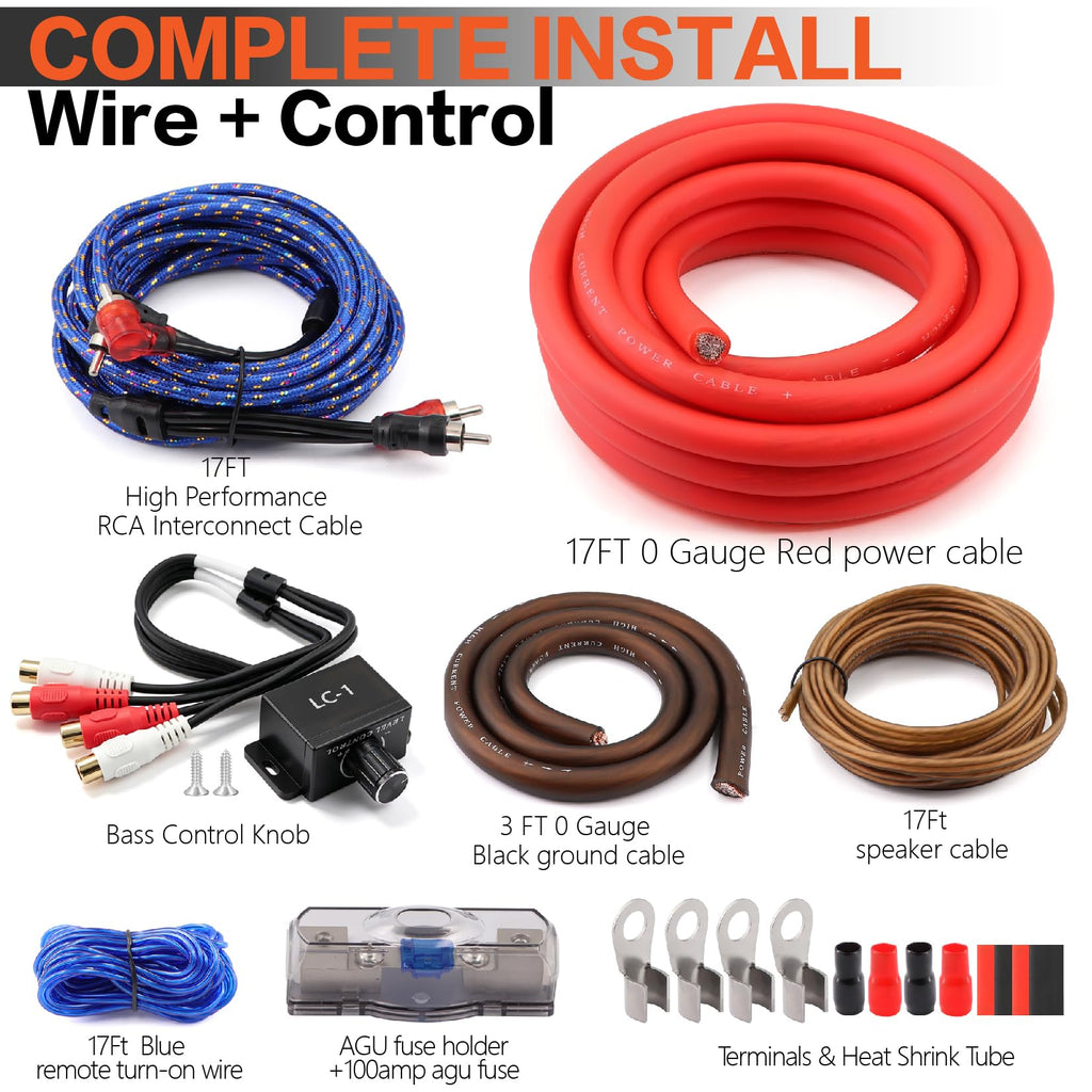 0 Gauge Car Audio Amp Wiring Kit 3000W with Bass Knob T129681