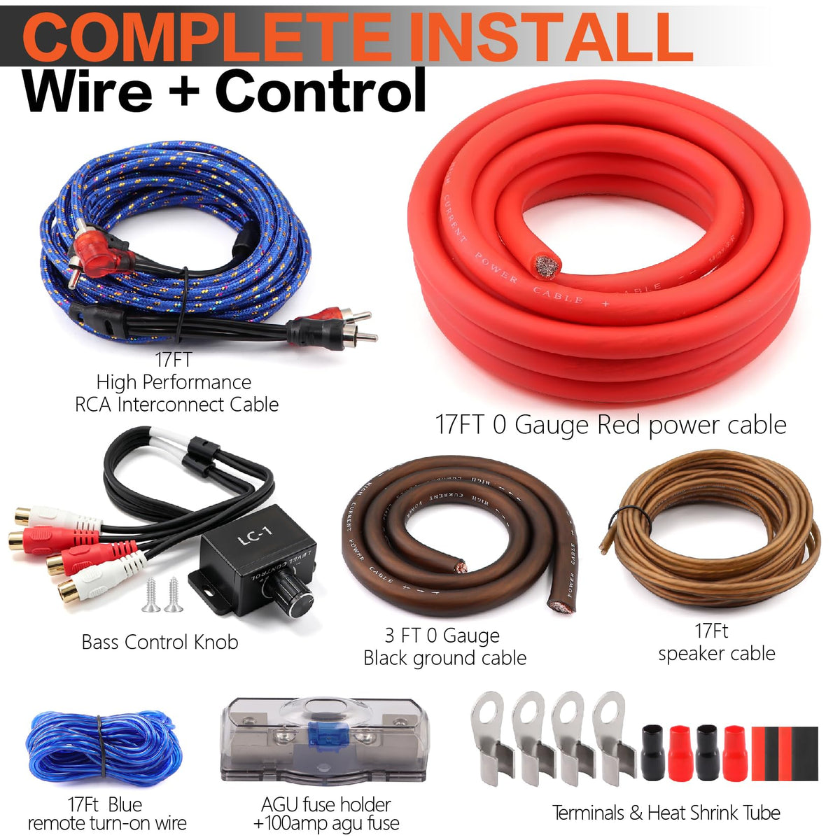 0 Gauge Car Audio Amp Wiring Kit 3000W with Bass Knob T129681