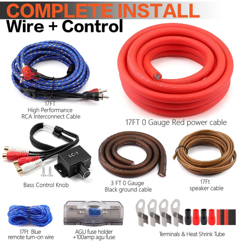 0 Gauge Car Audio Amp Wiring Kit 3000W with Bass Knob T129681