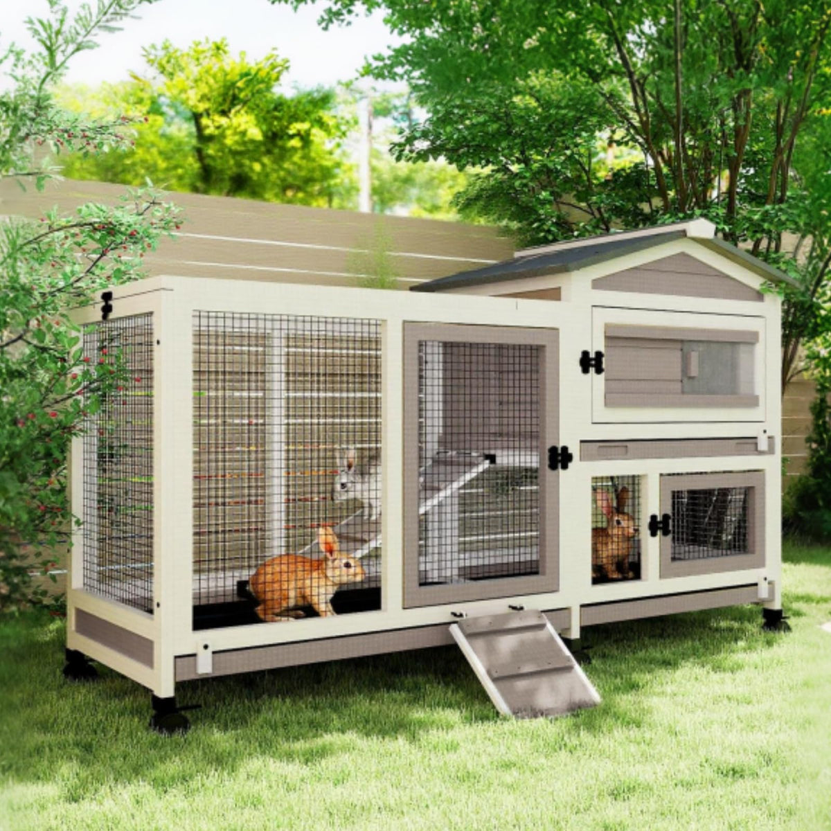 2 Story Wooden Rabbit Hutch with 6 Lockable Wheels O9920