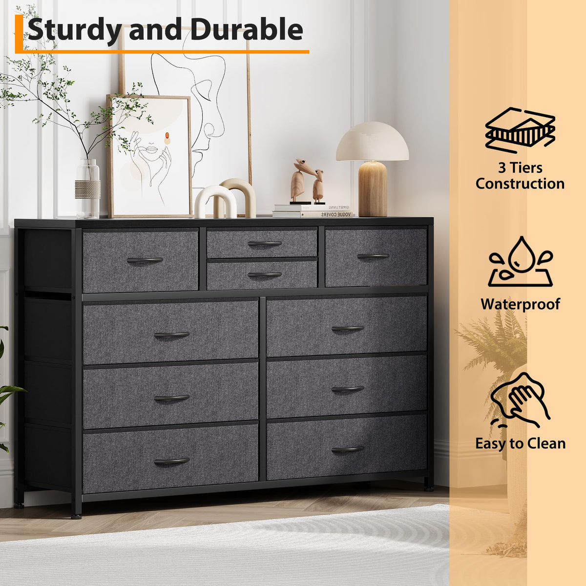 10 Drawer Fabric Dresser with Wood Top I41148