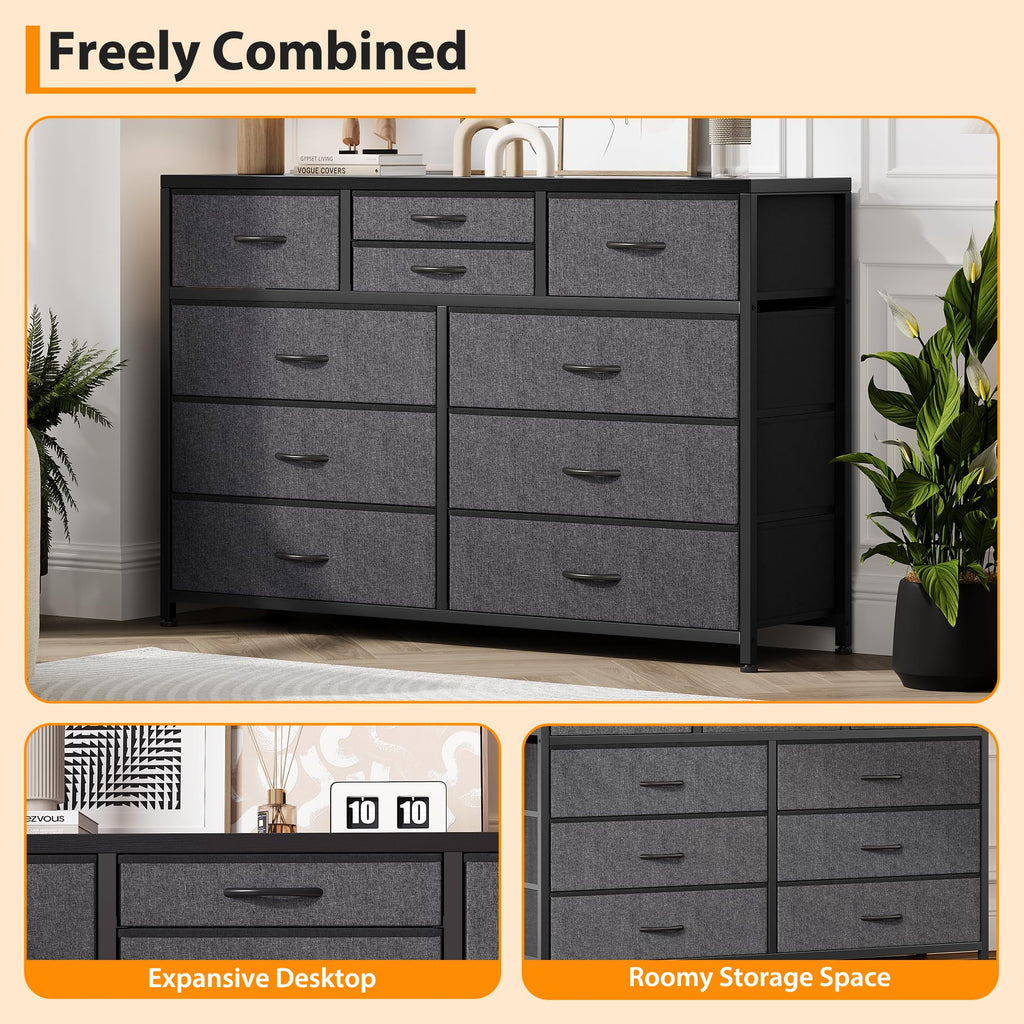 10 Drawer Fabric Dresser with Wood Top I41148