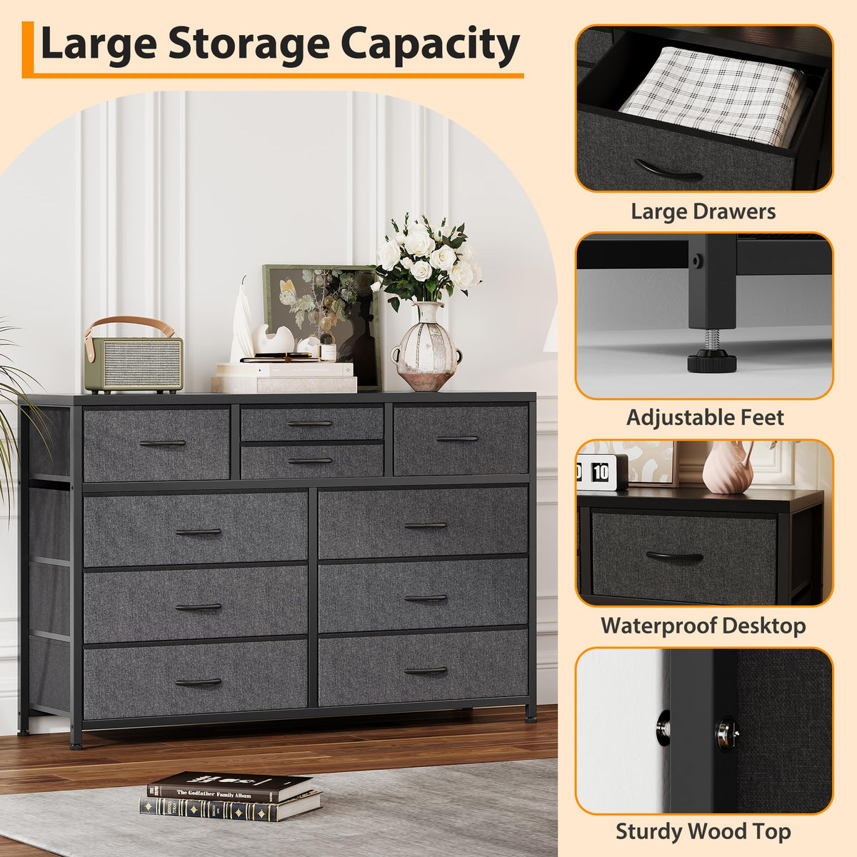 10 Drawer Fabric Dresser with Wood Top I41148